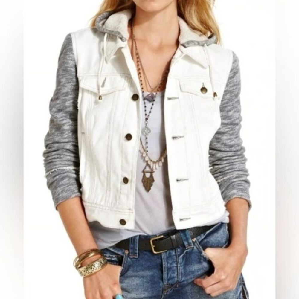 Free People Knit Sleeve Distressed Cropped Pure Cotton Denim Jacket